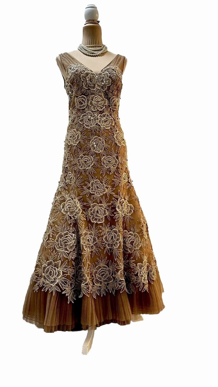 YSA Makino Champagne Gold Floral Lace Beaded Mermaid Gown